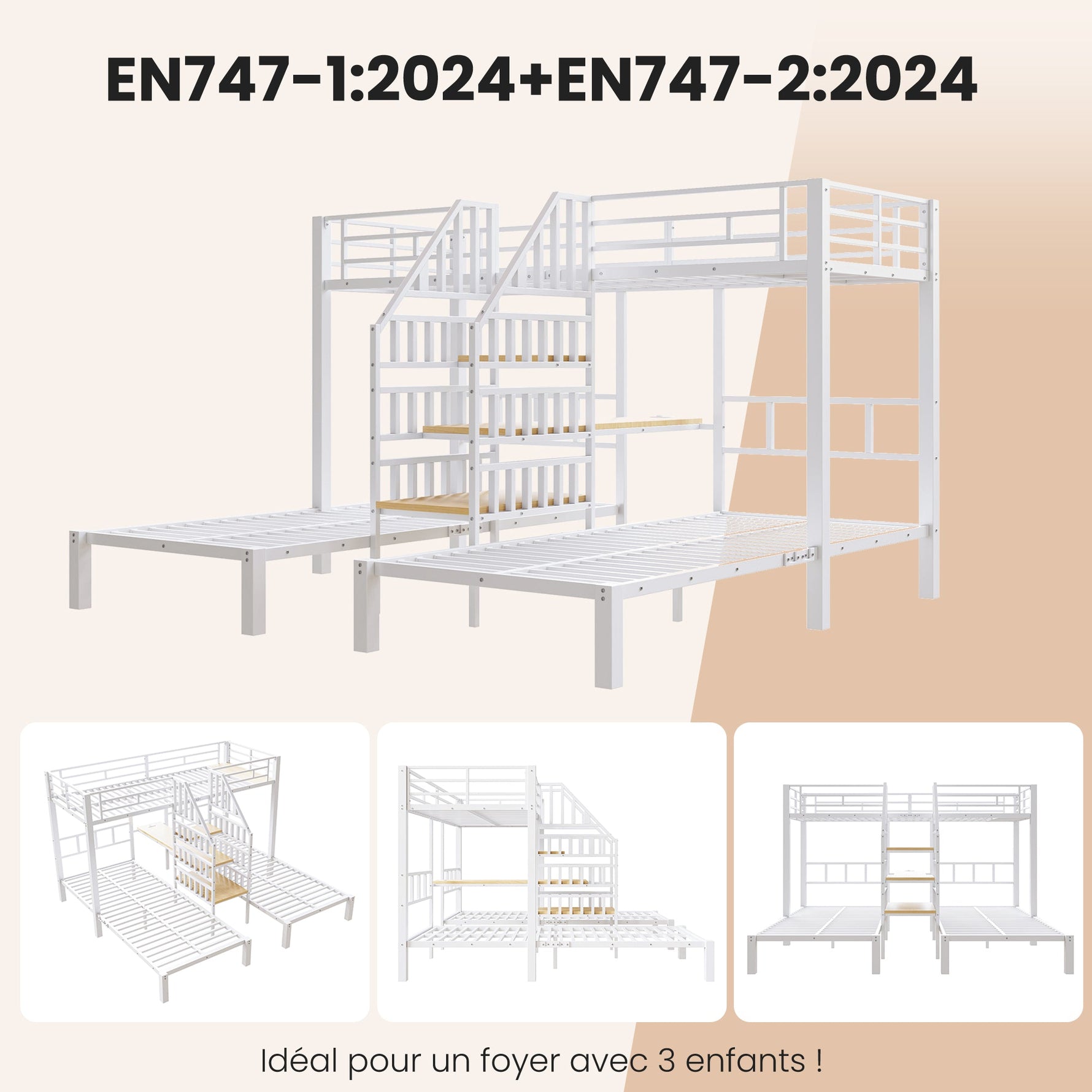 Bunk Bed with LED Lights, Integrated Storage Ladder, USB Ports and Desk, White