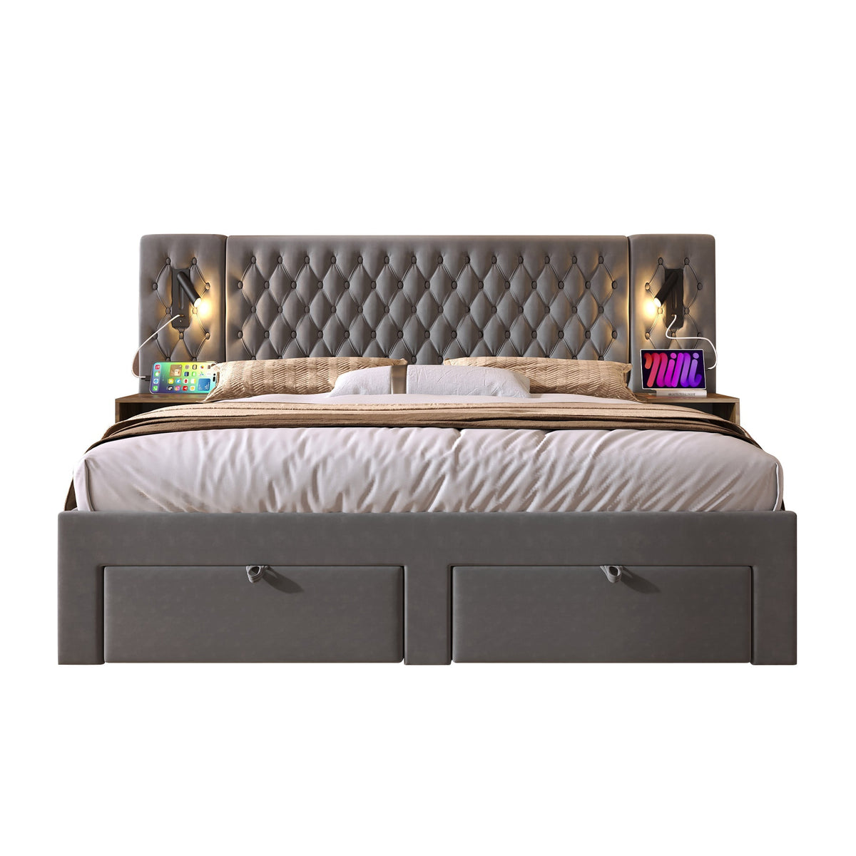 Complete Bedroom Bed Set with 2 Bedside Tables, 4 Drawers, USB and Reading Light, 180x200cm, Grey Velvet