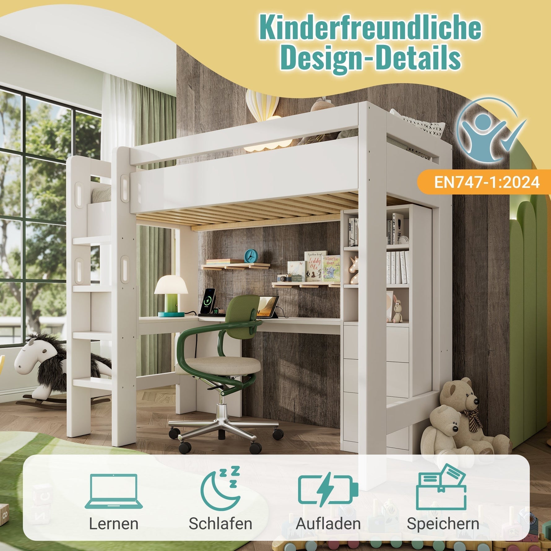 Children's Loft Bed with L-shaped Desk, Shelves, Drawers, USB/Type-C Charging Area, White