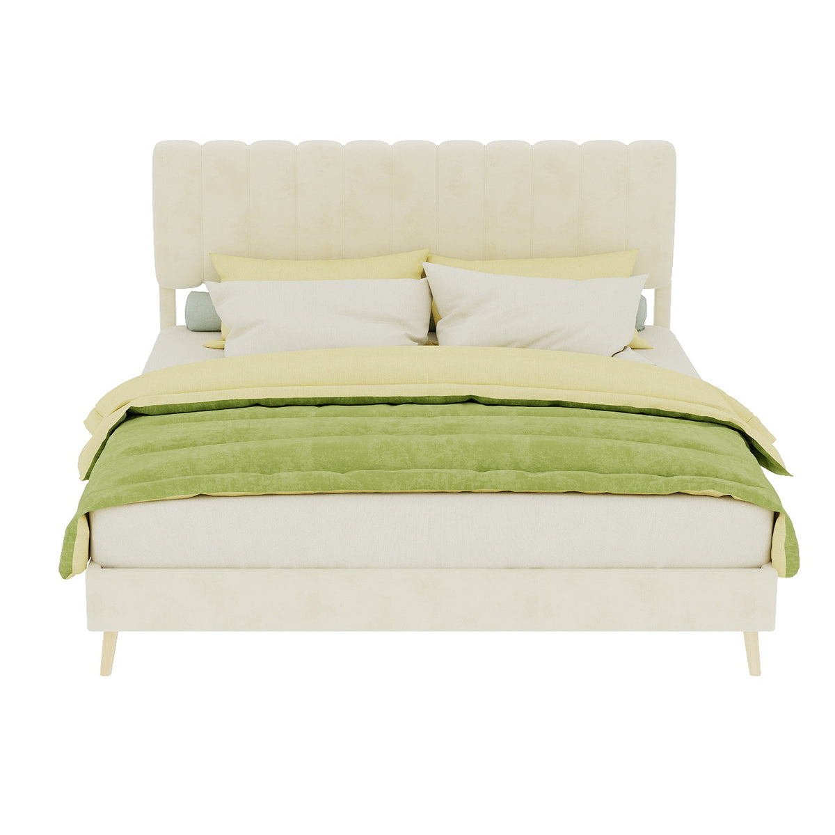 Upholstered Bed 160x200cm with Soft Headboard & Mattress, Beige