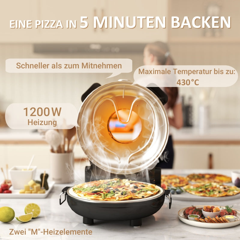 Electric Pizza Oven, 430℃, 1200W, 30cm Stone Plate, Stainless Steel, Black