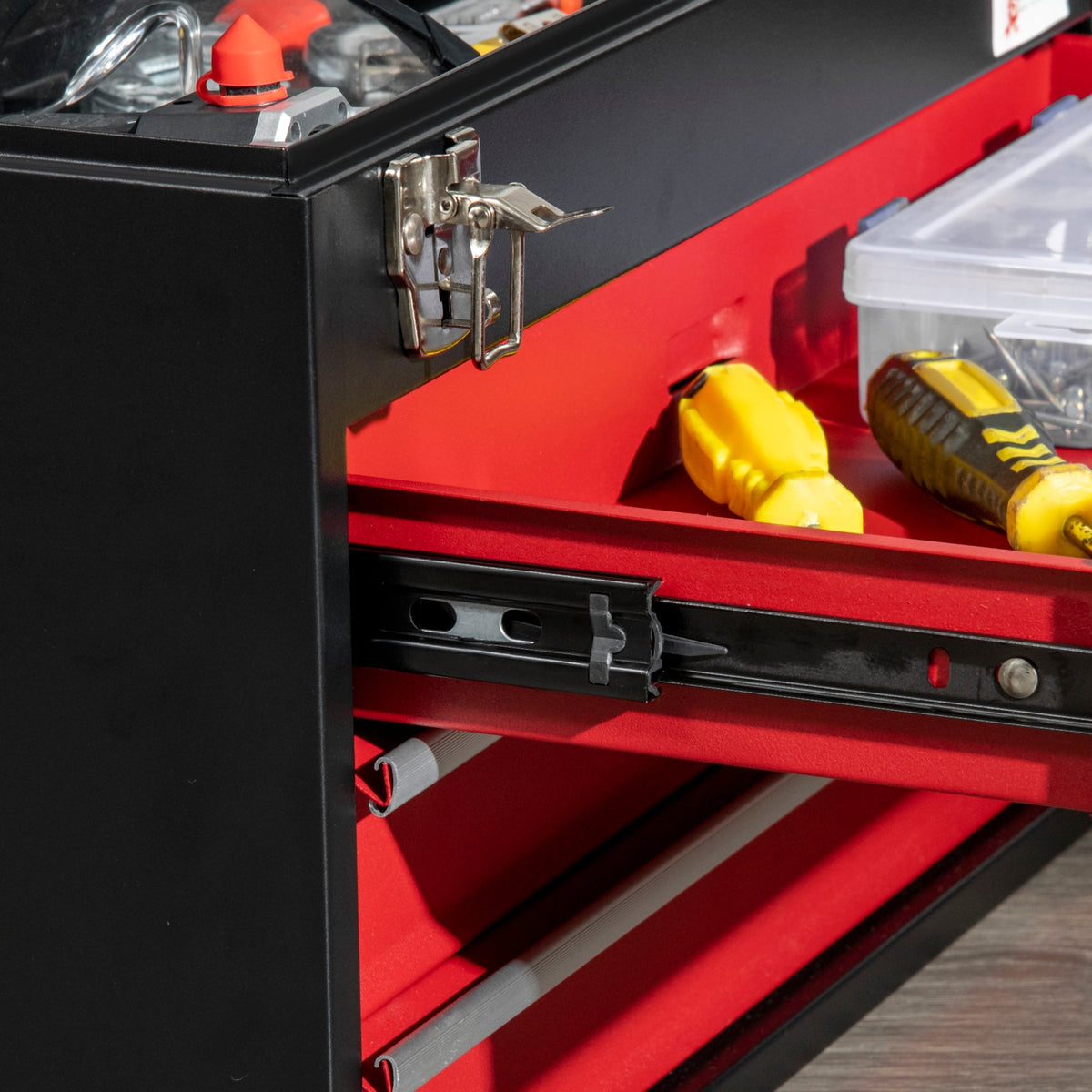 DURHAND tool case, practical tool box 3 drawers with handle lock, steel black red