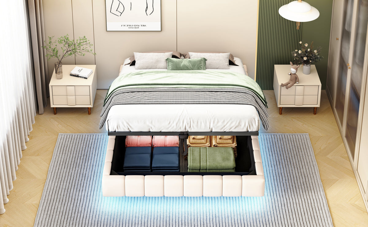Upholstered Bed 140x200cm Floating Hydraulic Storage LED Light, Linen Beige
