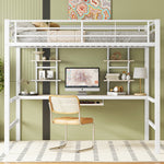 Loft Bed with Desk and Bookshelves, 140x200 cm Metal Frame, White