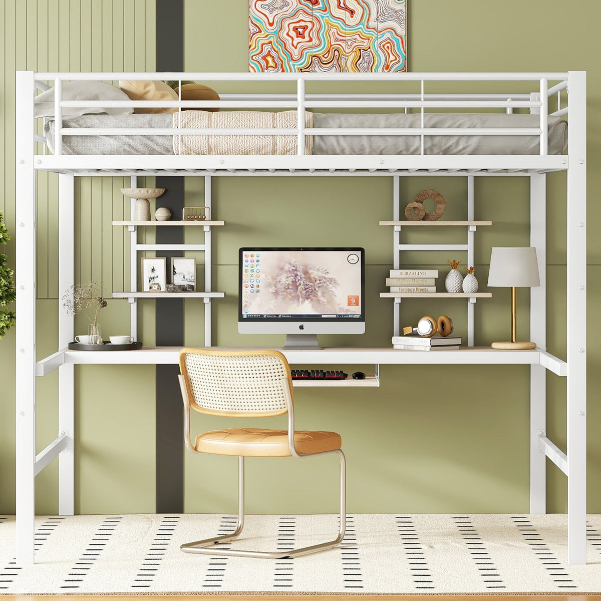 Loft Bed with Desk and Bookshelves, 140x200 cm Metal Frame, White