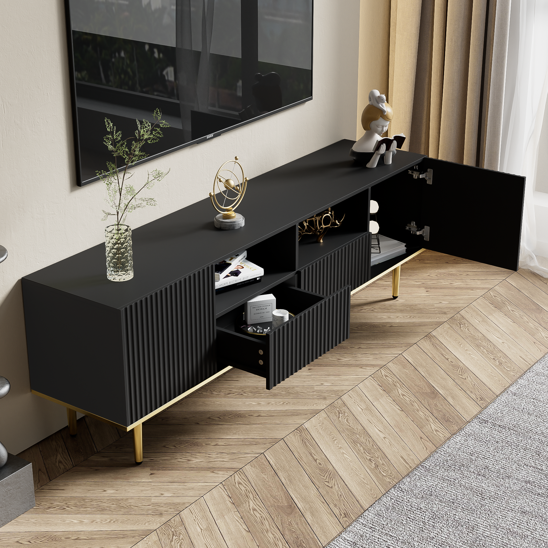 TV Cabinet, Modern with Golden Feet and Edge