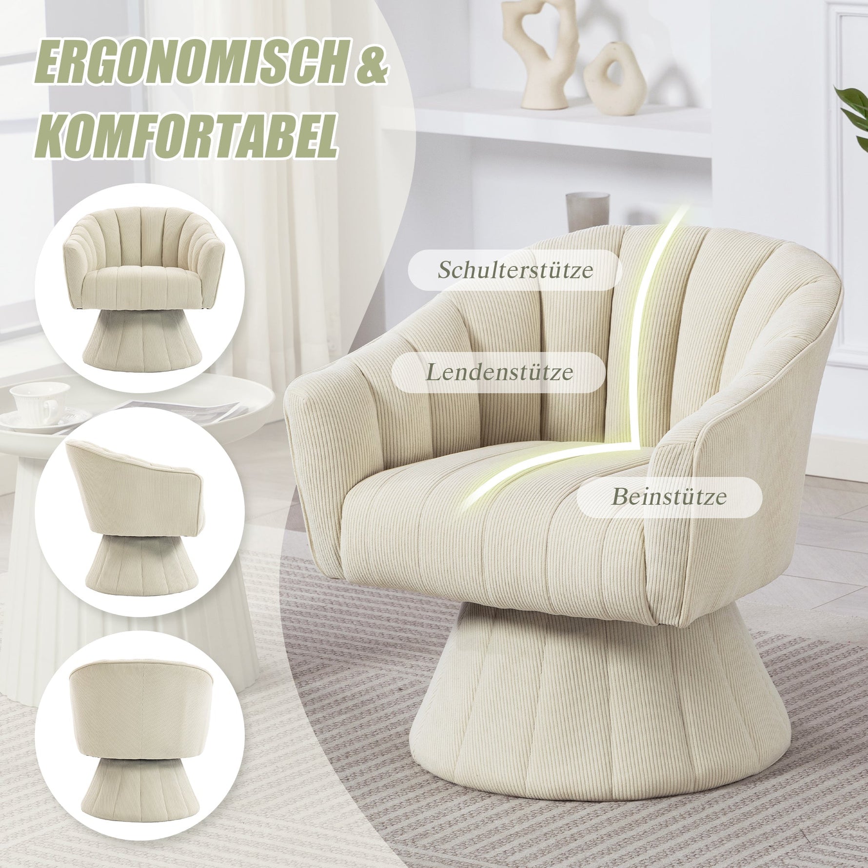 Swivel Chair 360° Ergonomic Cushions Modern Design Beige