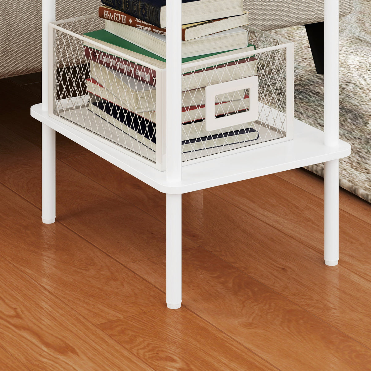 Side Table, 2-Tier Coffee Table with Storage, Metal Frame, White