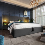 Upholstered Double Bed 180x200 with Bedside Table, Reading Lamp, USB-C Charging, Storage Frame, Solid Wood & Metal, Gray Linen