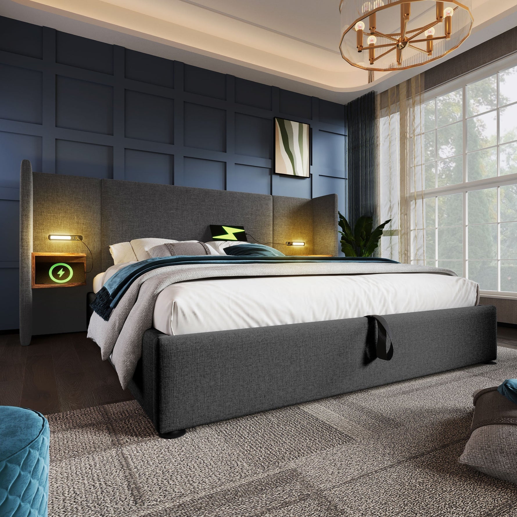 Upholstered Double Bed 180x200 with Bedside Table, Reading Lamp, USB-C Charging, Storage Frame, Solid Wood & Metal, Gray Linen