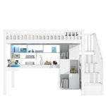 Loft Bed with LED Lights, Desk, Shelves and Storage Ladder, White Pine Wood and MDF