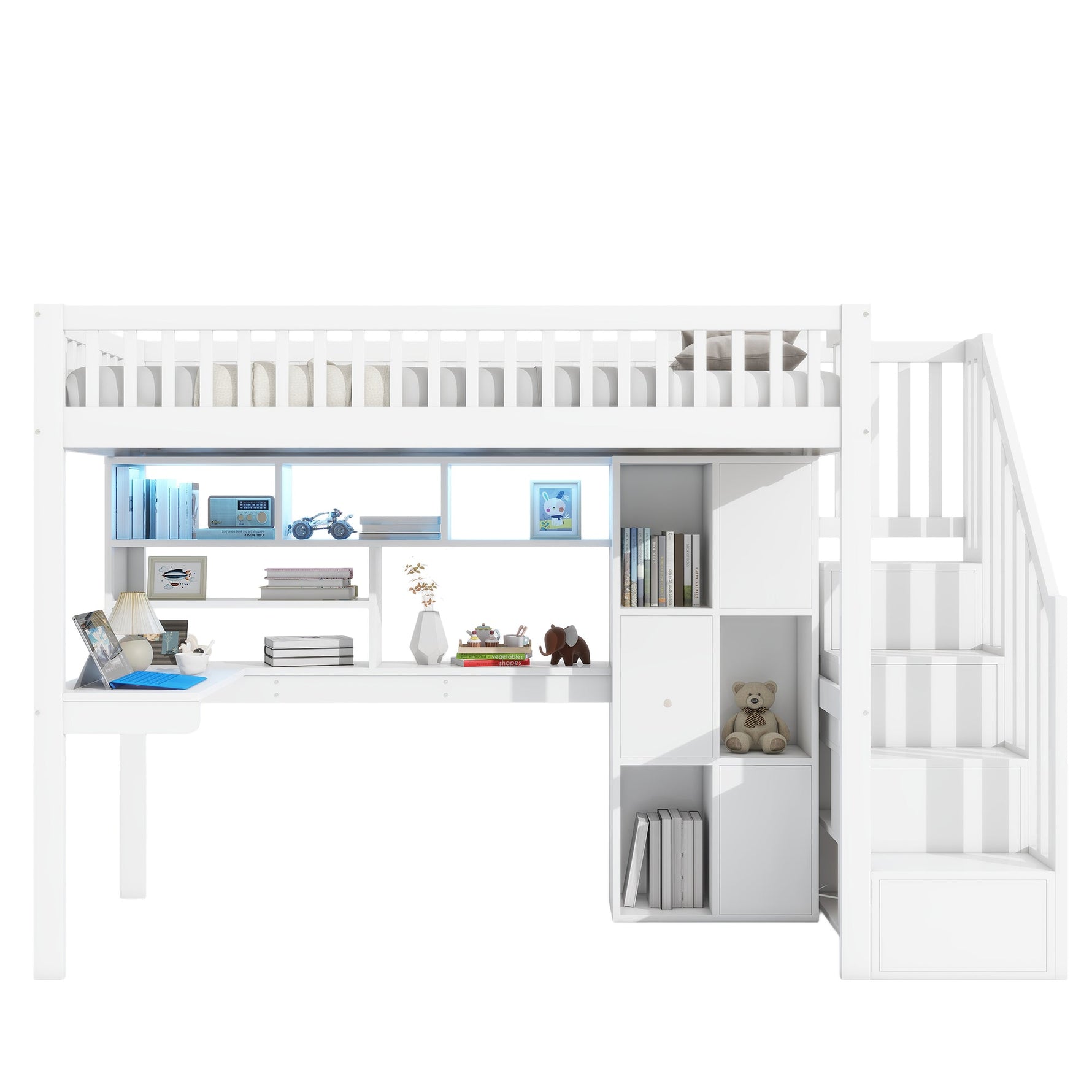 Loft Bed with LED Lights, Desk, Shelves and Storage Ladder, White Pine Wood and MDF