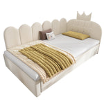 L-Shaped Sofa Bed with Pull-out Bed, Crown Lattice Design, 90x200cm, Beige Velvet