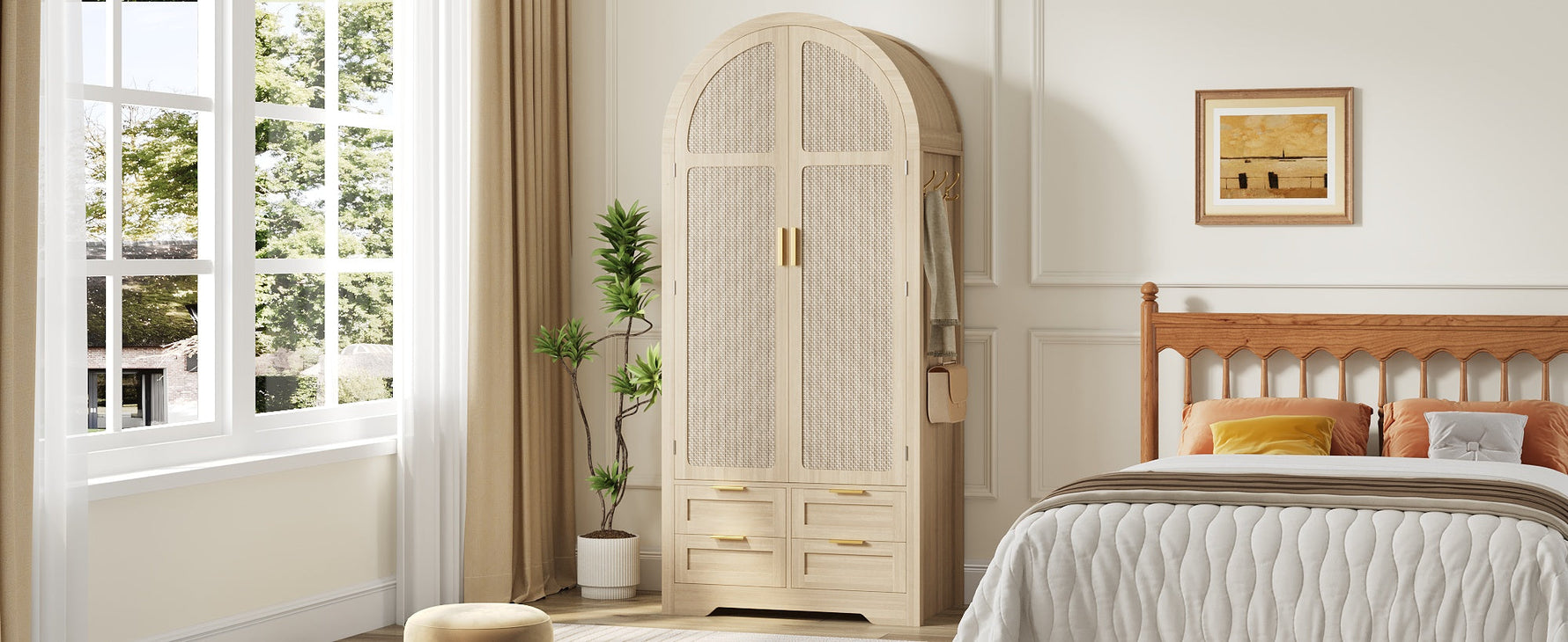 Modern Wardrobe with Curved Doors, Clothes Rail and Drawers, Oak MDF