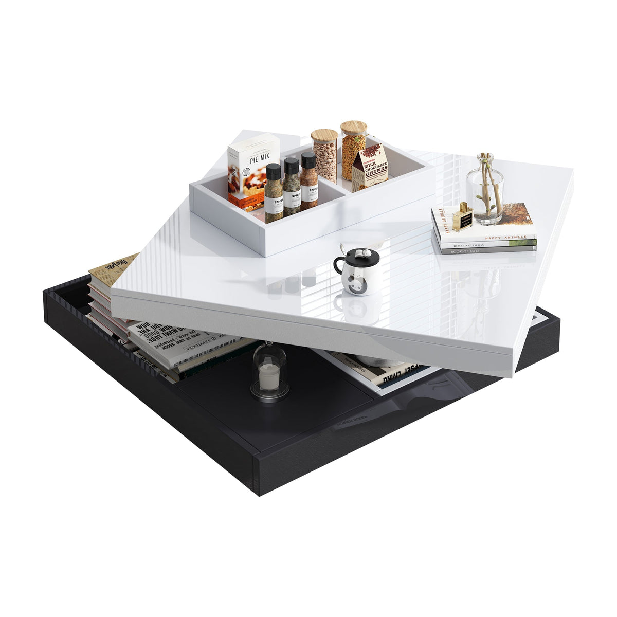 High-gloss tabletop coffee table, 360° rotatable, 2-tier with storage, white and black