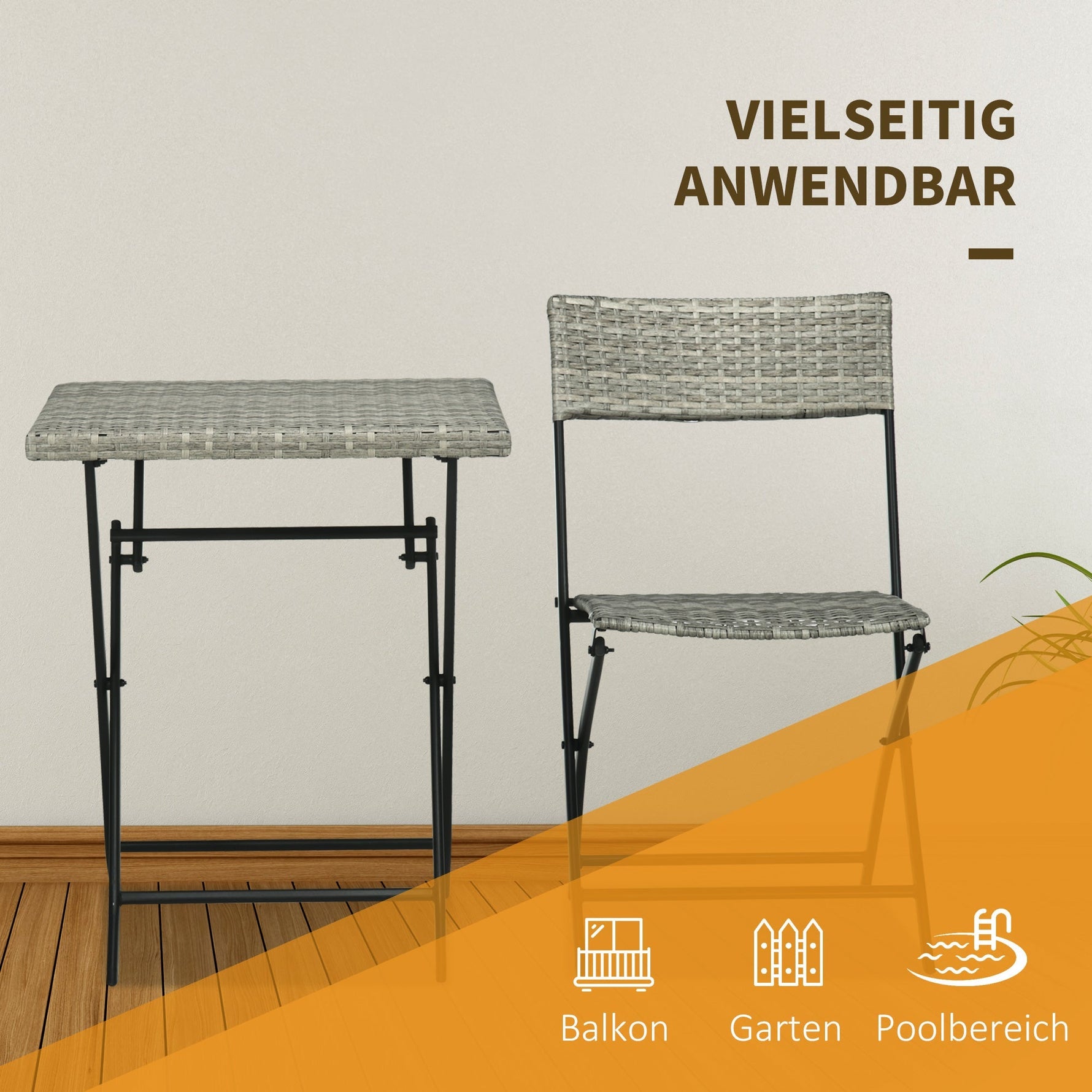 Balcony Furniture Set, 3-Piece Rattan Bistro with 2 Folding Chairs and Table, Light Grey Metal