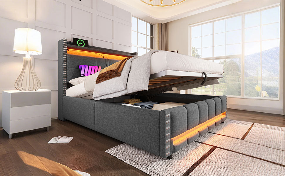 Upholstered Bed 160x200cm with LED & Storage, Grey Linen