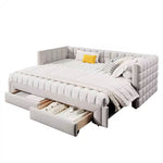 Daybed with Extendable Frame and 2 Storage Drawers, Beige Samt and MDF