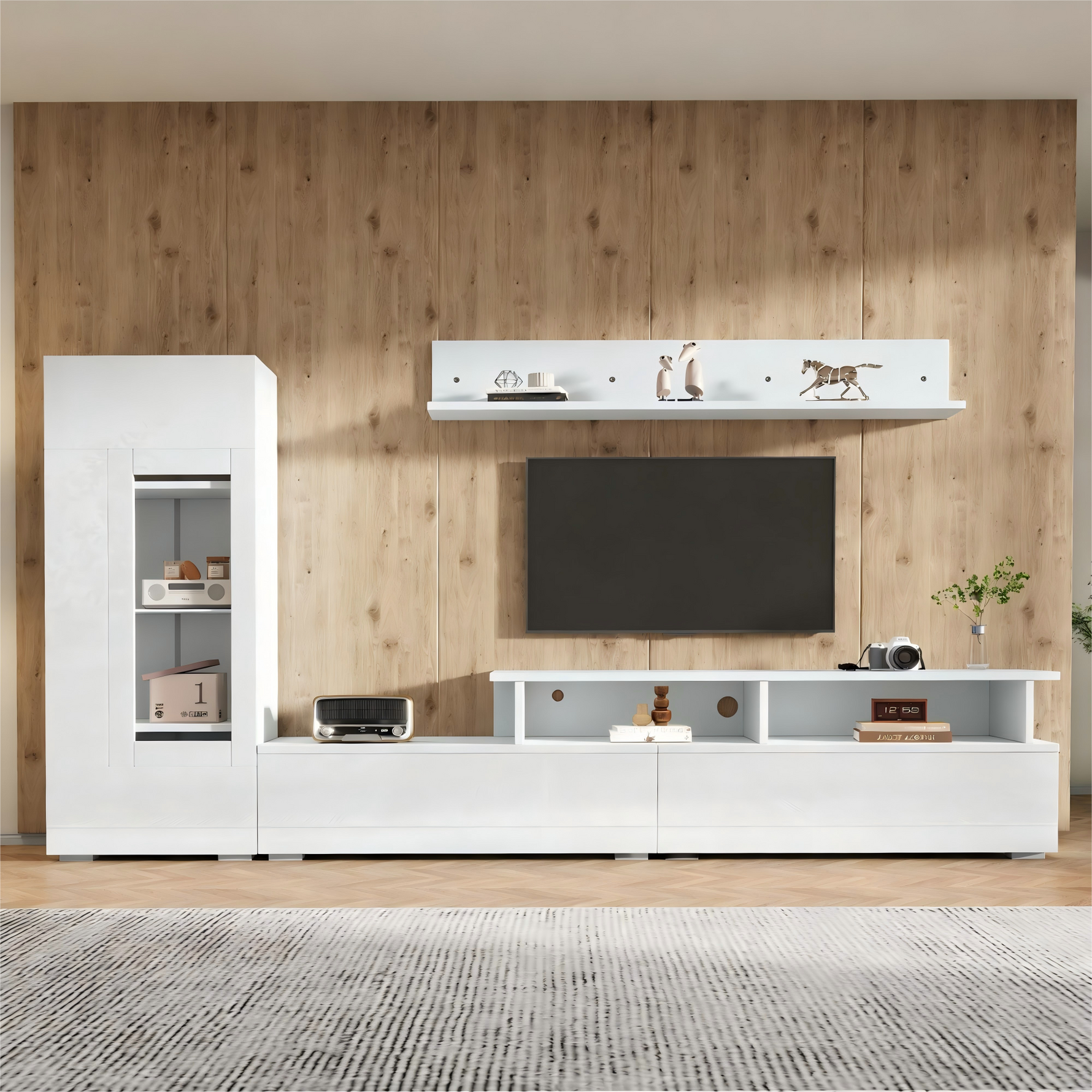 3-Piece TV Wall Unit Set with LED Lighting and High-Gloss Finish, White