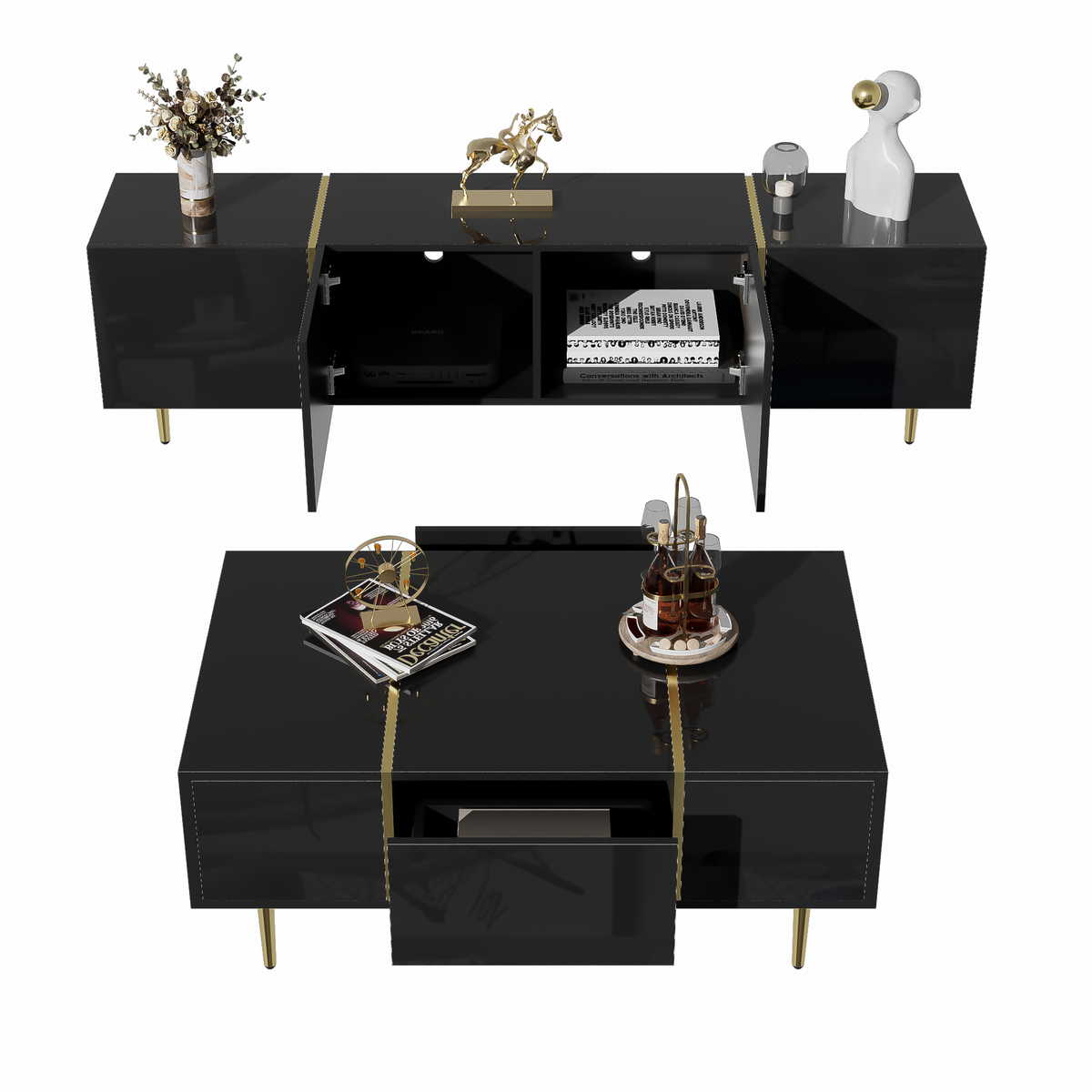 TV Cabinet and Coffee Table Set, High Gloss, Black
