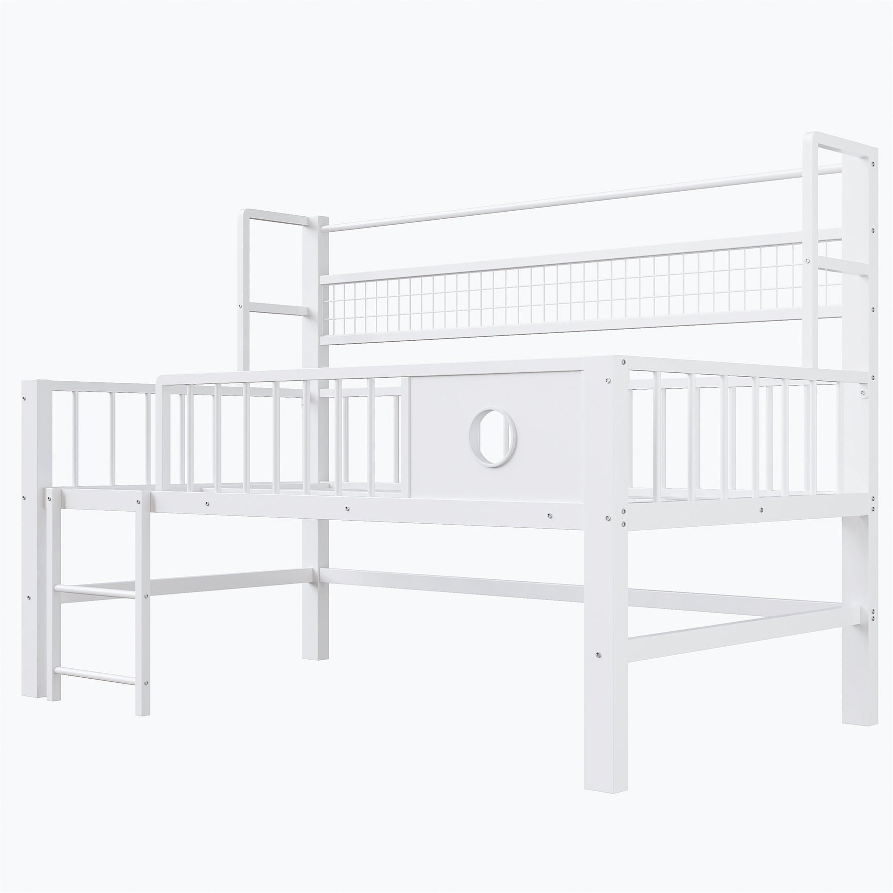 Children's Low Loft Bed with Storage Compartments, 90x200cm, White Metal