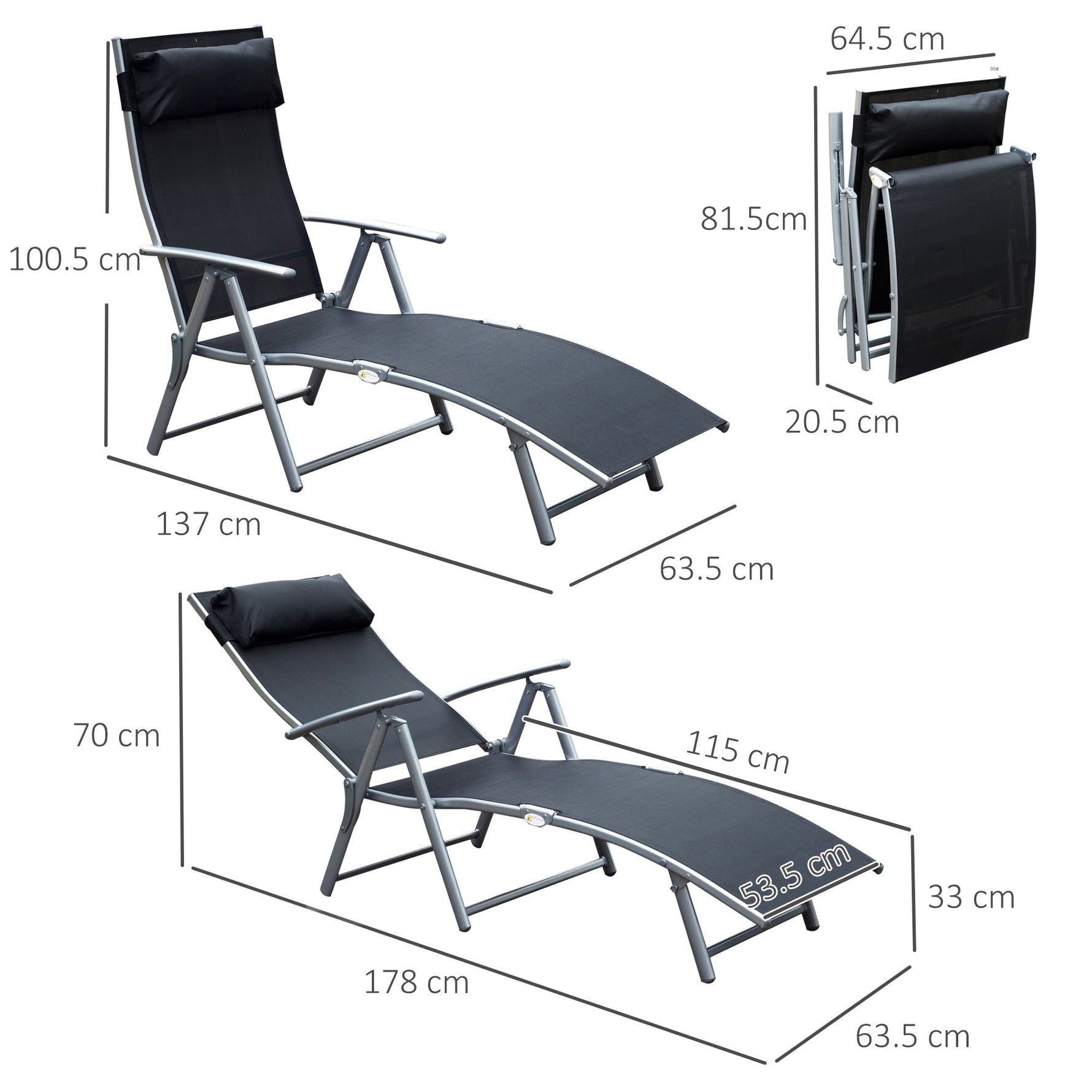 Folding Sun Lounger, Cushion, Beach & Terrace, Metal & Fabric Black