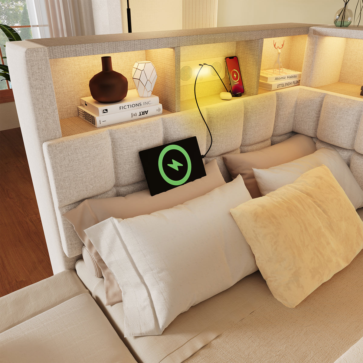 Upholstered Bed 90x200 with Trundle, LED & USB, Beige Linen