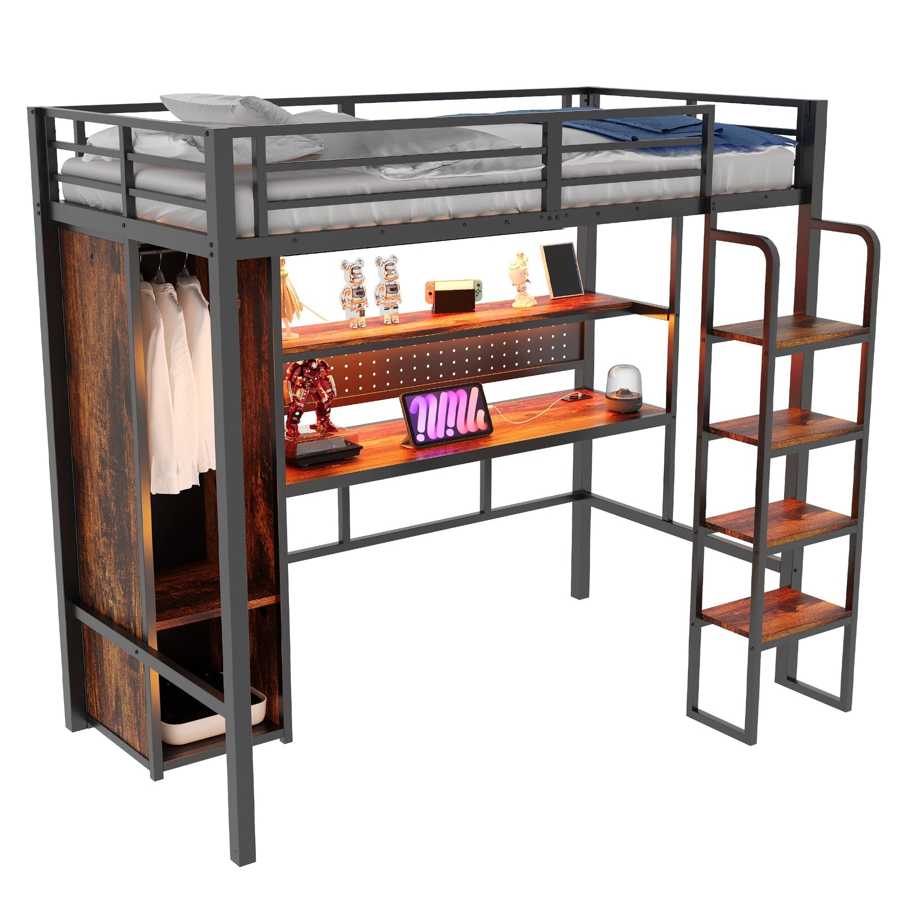 Metal Loft Bed with Large Desk, Wardrobe and LED Light Strip, Black