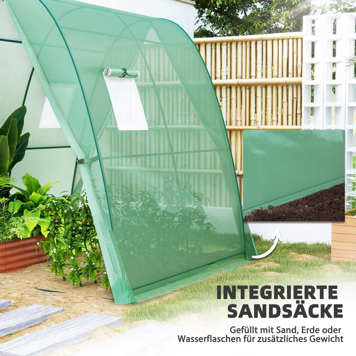 Greenhouse with Roller Door, 2 Windows, Steel, Green