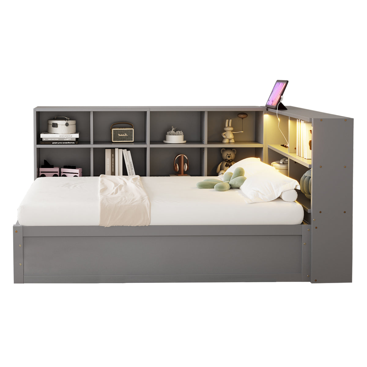Multifunctional Sofa Bed 90x200 with Storage & Light Strip, Grey