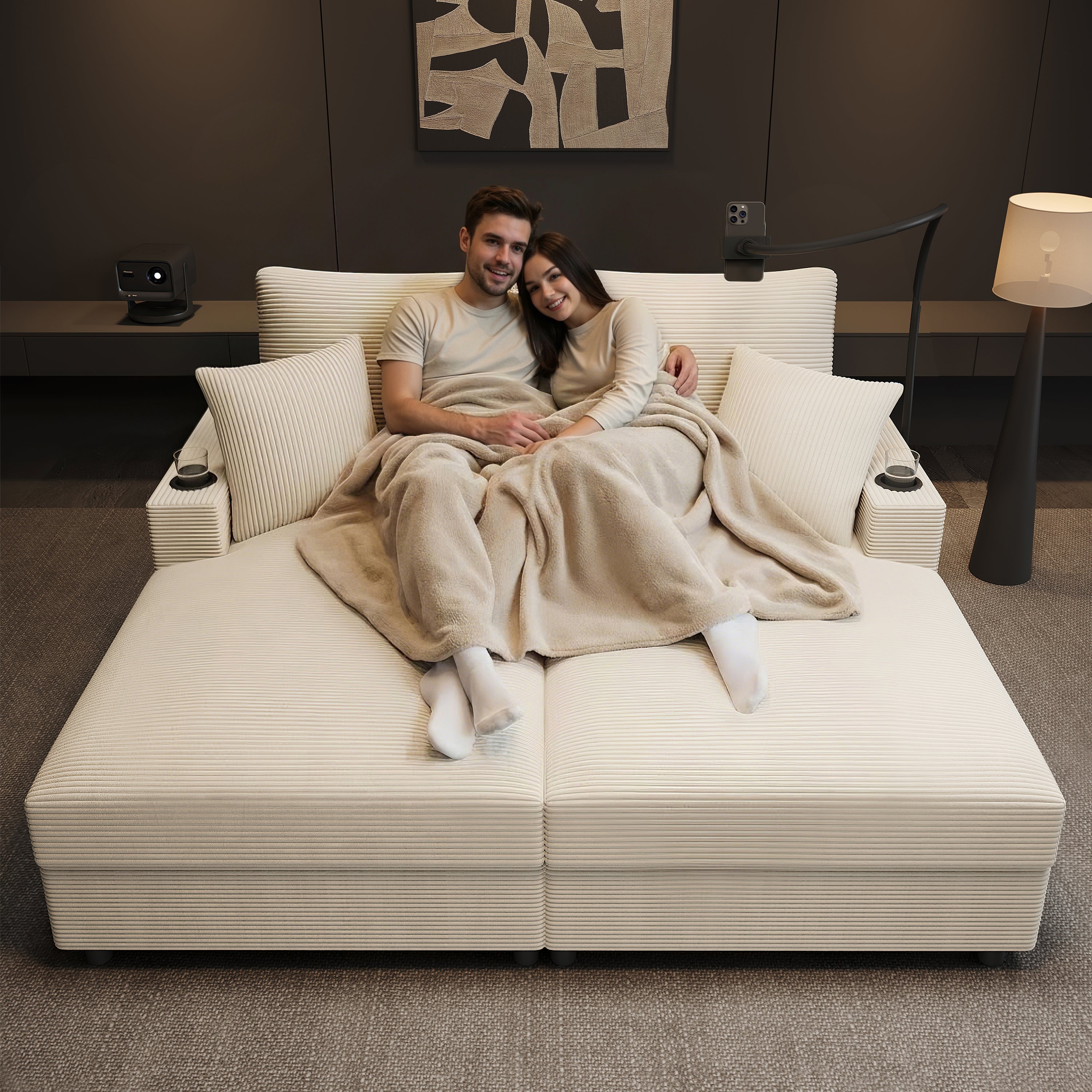 Double Sofa Bed with Sleeping Function, USB Port & Cup Holder - Beige