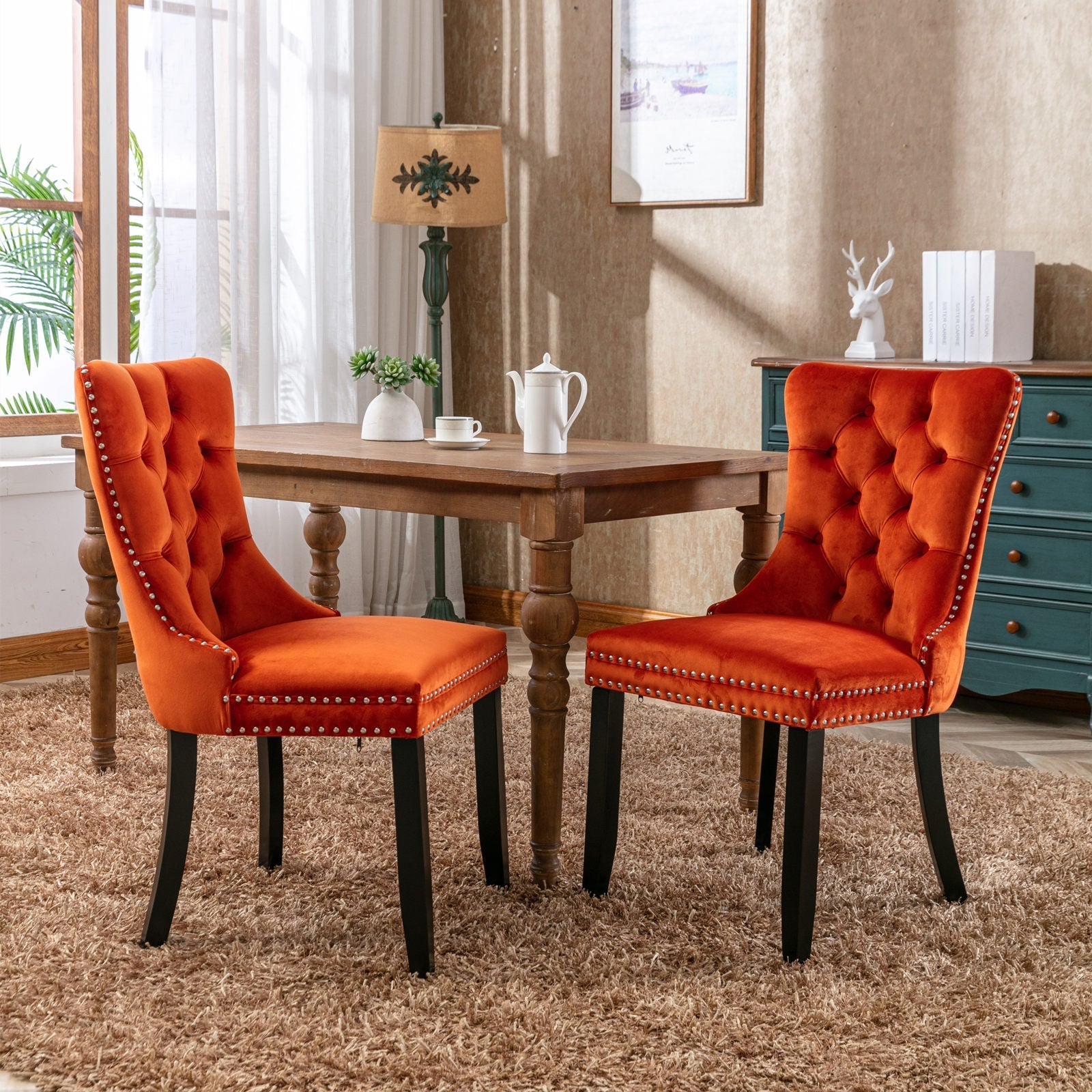 Nikki Collection Dining Chair Tufted Velvet Upholstered Solid Wood Legs 2-Pcs Set Orange