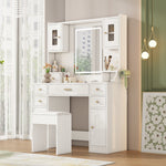 Dressing table with adjustable LED lighting, power outlets, mirror, 6 drawers, 4 doors, white