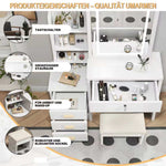 Dressing Table Set with 3-Color LED Mirror, Stool & 4 Drawers, White