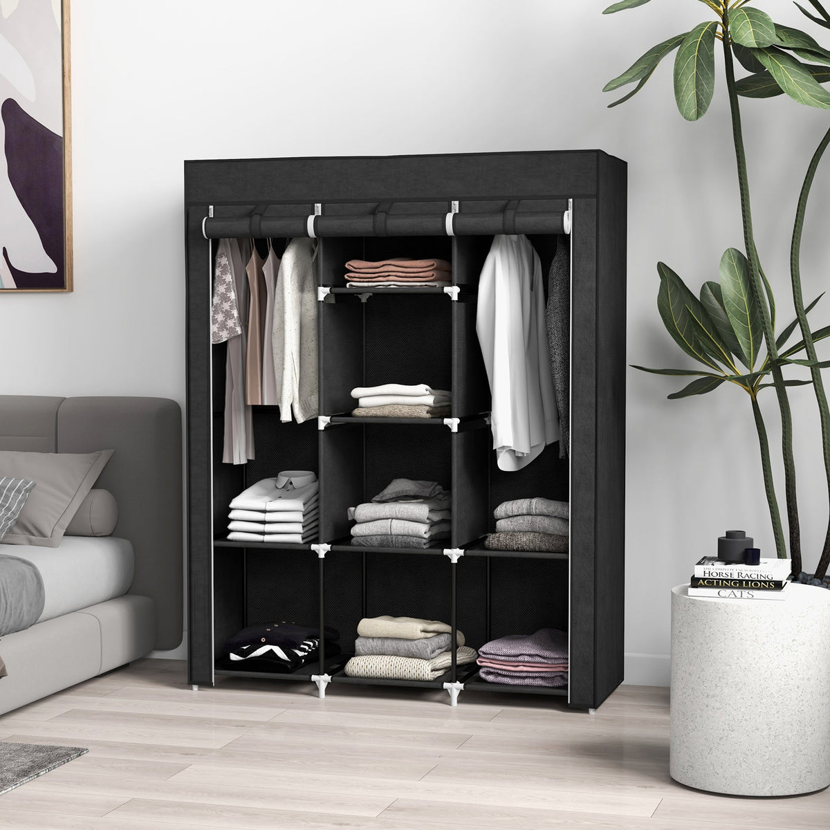 Fabric Wardrobe, Clothes Rail 8 Levels, Space-Saving, Black