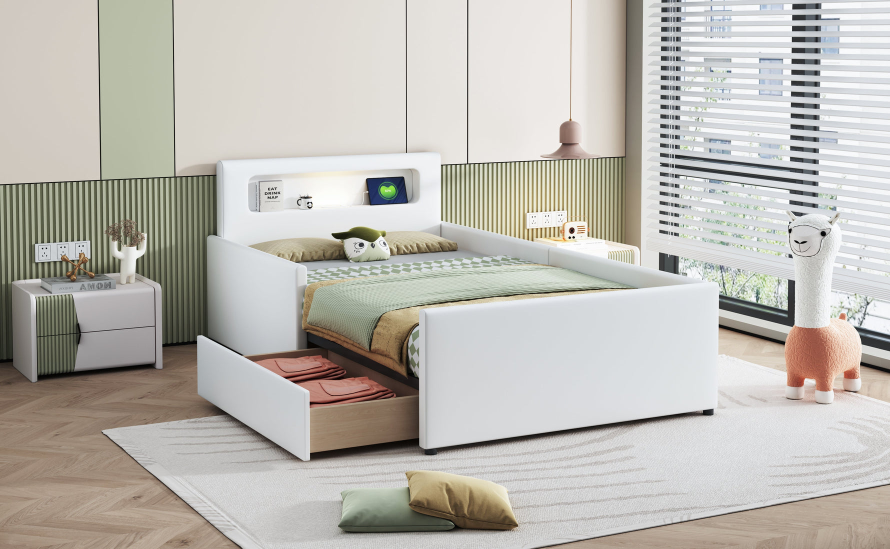Upholstered Children's Bed 90x200cm Night Light USB Storage Faux Leather White