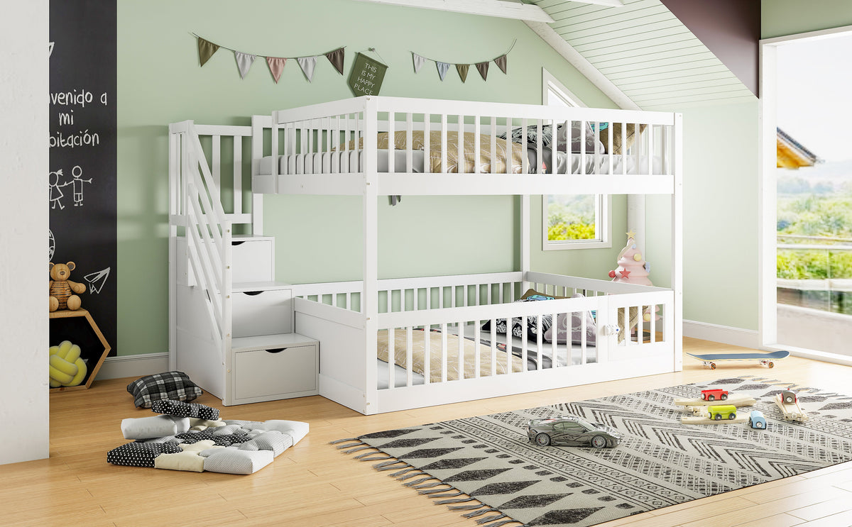 Bunk Bed 140x200, with Safety Stairs and Storage Drawers, White Wood