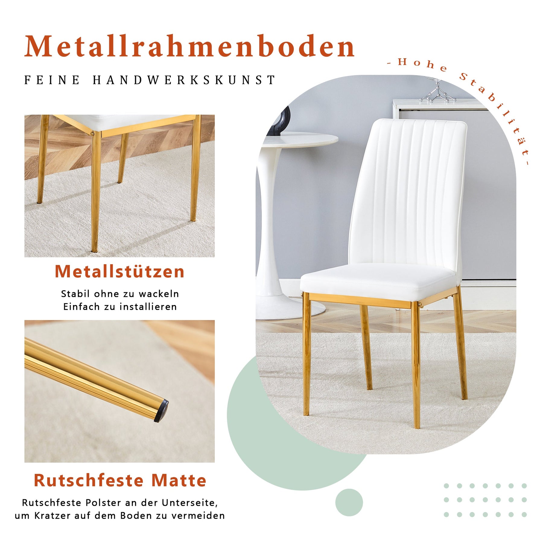 Fashionable Dining Chair 4-Piece Set with Golden Metal Legs, White PU Leather