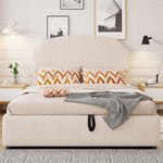 Upholstered Double Bed 140x200 with Hydraulic Storage and Wide Headboard, Beige Striped Plush