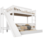 Bunk Bed with Trundle, Slide & Shelves, Pine + MDF White