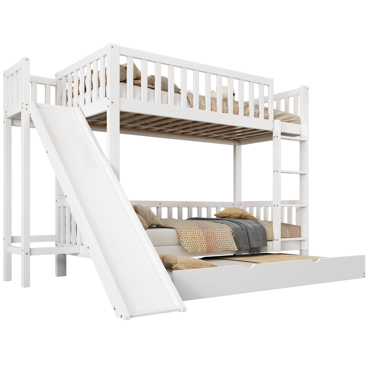 Bunk Bed with Trundle, Slide & Shelves, Pine + MDF White