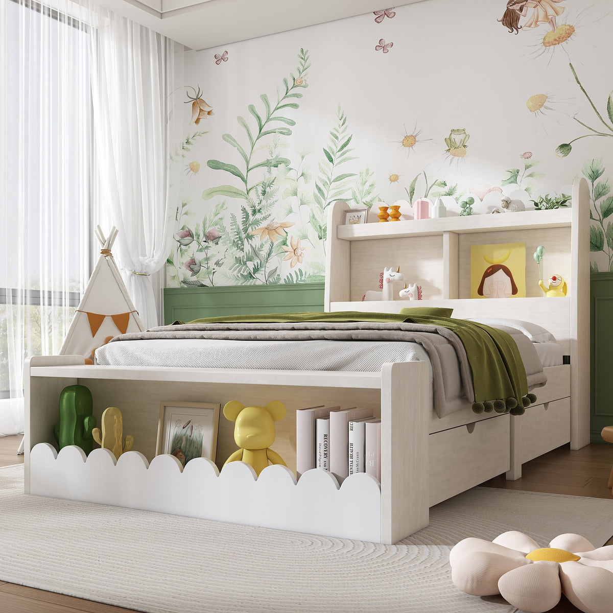 Children's Bed Storage with Drawers Shelf Bench 90x190cm Wood White Oak Finish