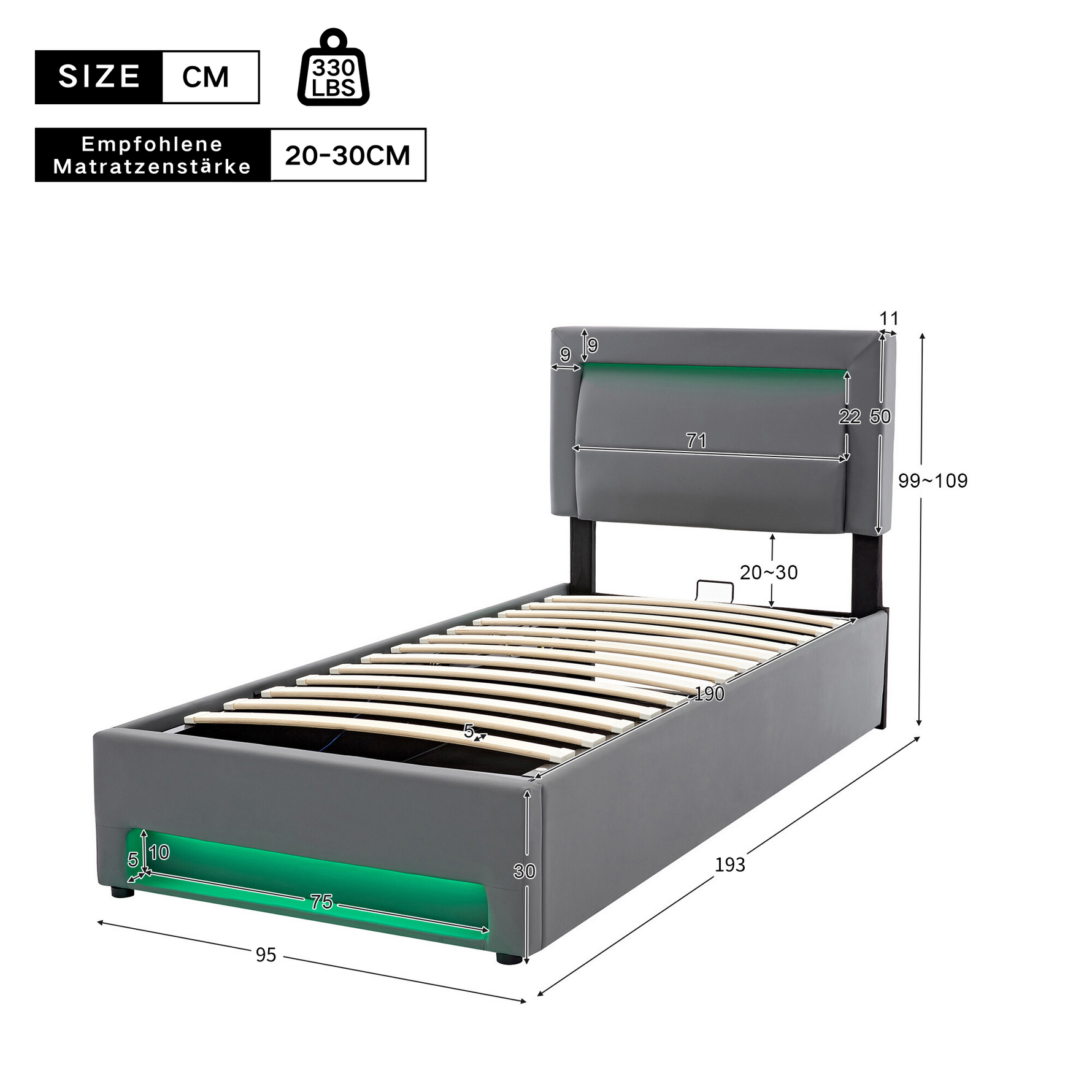 Upholstered Bed 90x190cm USB Charging LED Lighting Storage PU Lychee Grey