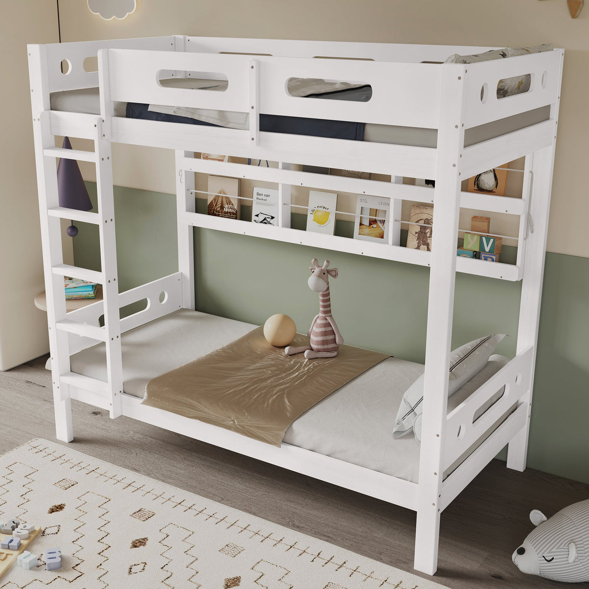 Bunk Bed, Children's with Safety Gate, Open Shelf, 5-Step Ladder, Pine + MDF White, 90x200cm