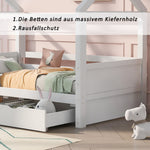 House Bed with Fall Protection, Window and Slatted Base, 80x160cm, White Solid Wood