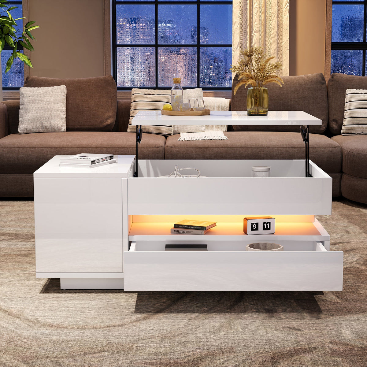 Liftable Coffee Table, 95*50*34.5cm with 1 Drawer & LED, White