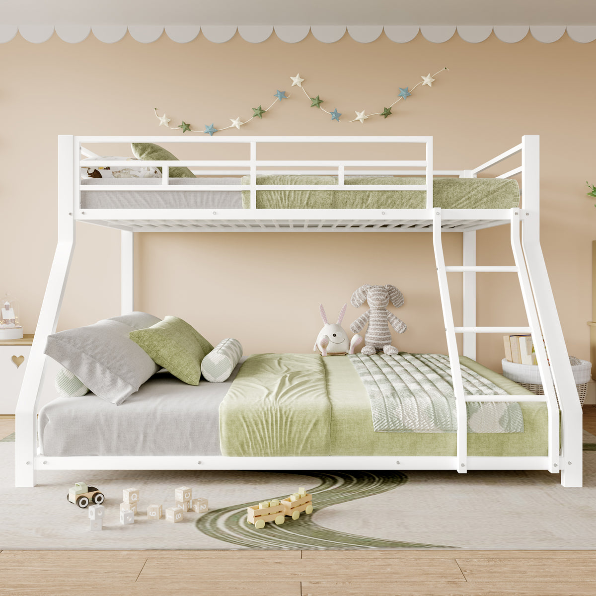 Bunk Bed 90x200 & 140x200 cm with Guardrail & Steps, White Metal