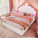 Upholstered Bed 140x200cm Crown Design Ambient Light 2 Drawers Adjustable Headboard - White PU