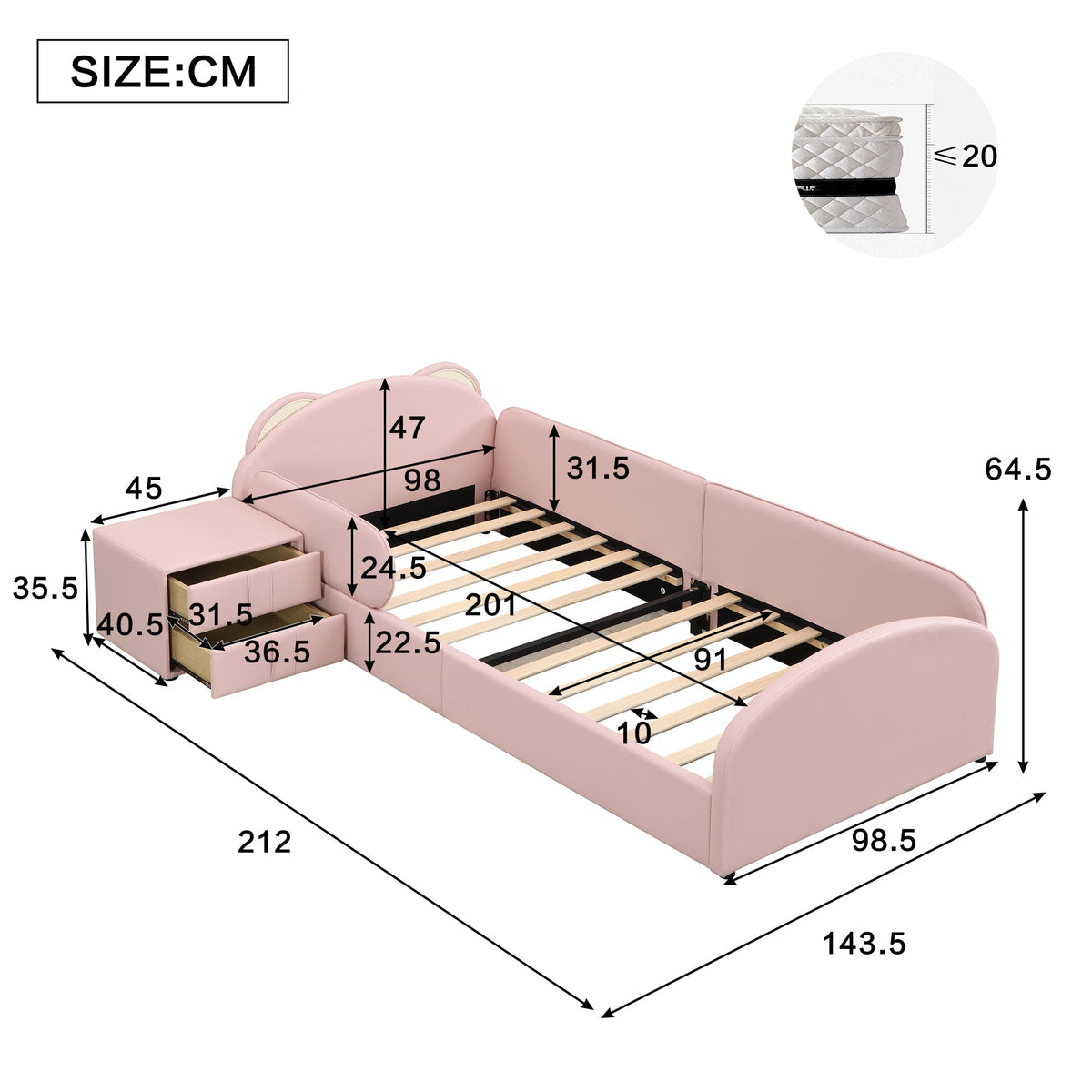Upholstered Children's Bed with Bear-Shaped Headboard and Matching Bedside Table, 90x200cm, Pink Velvet