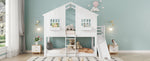 Bunk Bed with Slide, Roof & Window, Safety Gate, 3-Step Ladder, Pine + MDF, White, 90x200cm